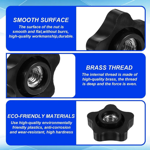 Set Of 12 Black Star Knobs With Three Eighths Inch By Sixteen Female Threads For T Track Bolts Jigs Sawing Machines Drilling Machines And Lathes Durable Plastic Construction With Smooth Surface showing brass thread and eco-friendly materials