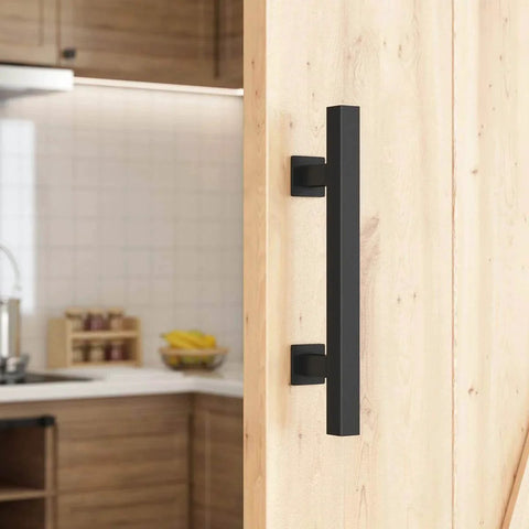 Heavy Duty 12" Pull and Flush Barn Door Handle Set, Large Rustic Two-Side Design, for Gates Garages Sheds Furniture, Solid Steel, Square, Black on wooden door