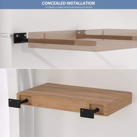 Beefy 8 Inch Floating Shelf Brackets Set for Hidden Support Blind Shelf Mounts for Floating Wood Shelves Includes Screws and Wall Plugs Black Steel Holds Up To 80 lbs installed on wall with wood shelves.