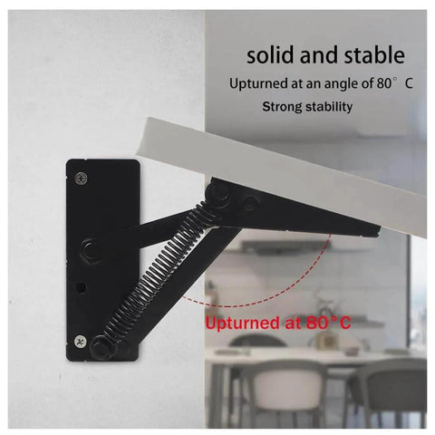 2-Piece Folding Bracket And Hidden Cabinet Hinge Set installed on table, showing stability and upturned at 80 degrees, black steel.