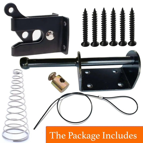 Self Locking Gate Latch For Outdoor Fences In Black Steel With Automatic Gravity Lever Lock Included Fasteners Spring And Cable Pull