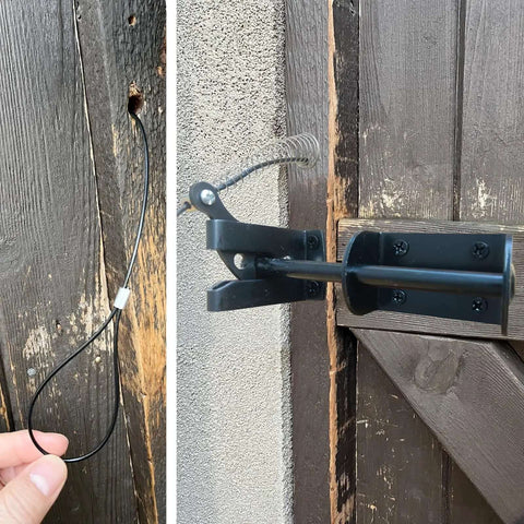 Self Locking Gate Latch For Outdoor Fences In Black Steel With Automatic Gravity Lever Lock Installed on Wooden Gate