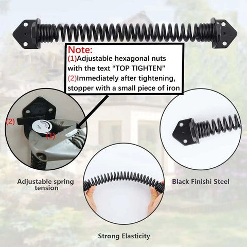 Heavy Duty 11 Inch Gate Spring Self Closing Black Steel Outdoor Gate Closer For Wooden And Vinyl Fences Built Tough With Adjustable Tension Durable Carbon Steel Weatherproof 2 Pack displayed with installation diagram and material details