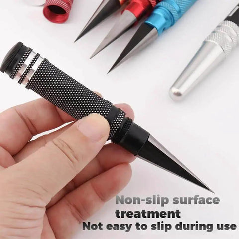 Black and silver multipurpose manual hole punch with adjustable 0 to 14mm range, steel body, held for grip demonstration.