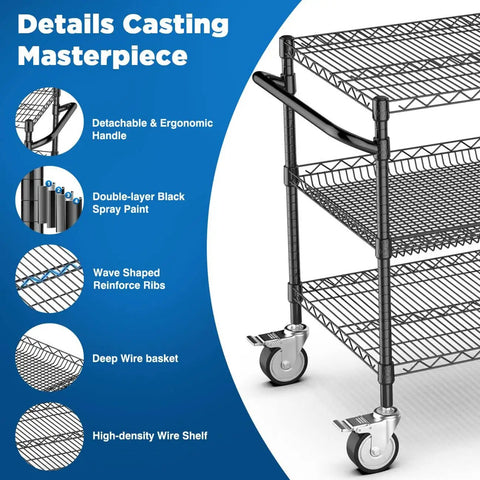 Heavy Duty Rolling Utility Cart With Wheels For Kitchen And Restaurant Use Kitchen Workhorse 45 Inch NSF Certified Commercial Grade Steel Cart 1120 Lbs Capacity With Handle And Shelf Liners Black Leteuke