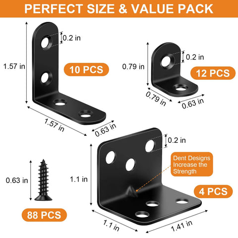✝️ 26PCS L Bracket Corner Brace Kit, 3 Sizes Stainless Steel L Brackets for Wood Shelves, 90 Degree Right Angle Bracket, Black Metal Corner Brackets for Furniture Cabinet Drawer Chair (with 88 Screws) designed for smooth motion and stable alignment