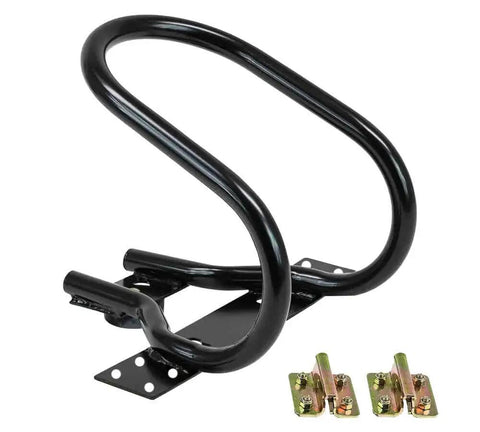 7 Inch Steel Motorcycle Wheel Chock For E Track And X Track System Powder Coated Black Fits Front Tires Up To 7 Inches Wide And 12 Inch Depth Ideal For Trailer Use 2 Pack By Mytee Products, side view