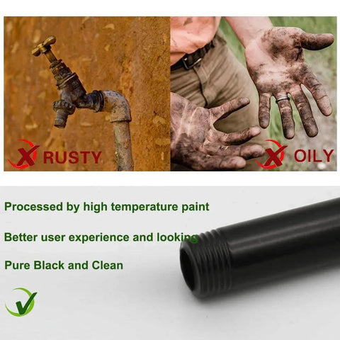 Comparison of a rusty faucet and oily hands with a clean 6 Pack 3 Quarter Inch Black Metal Pipe 36 Inch Pre Cut Industrial Steel Set