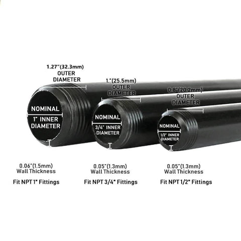 Three black steel pipes with measurements for 6 Pack 3 Quarter Inch Black Metal Pipe 36 Inch Pre Cut Industrial Steel Set For Vintage DIY Industrial Shelving