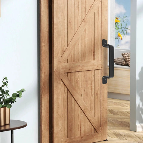 Sliding Barn Door Handle Black Steel, 7.5 Inch Length installed on wooden sliding door in home interior