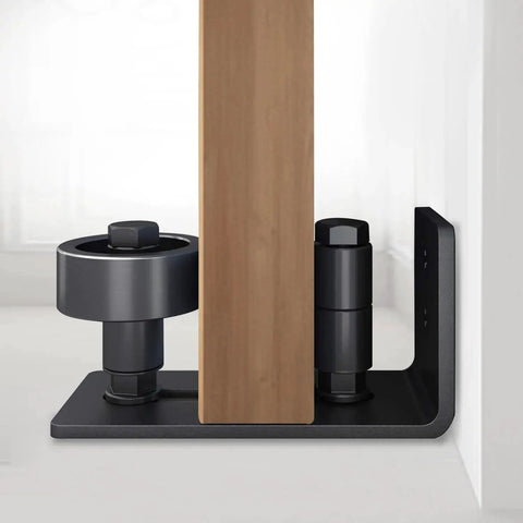Adjustable Sliding Door Floor Guide Two Pack For Barn Doors In Black Durable Steel Runner And Guide System Installed on Wood Door
