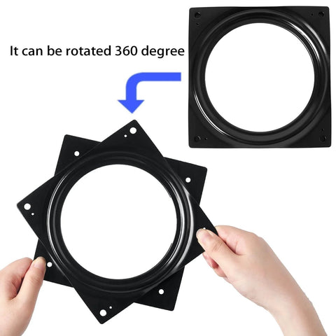 Hands holding 6 inch black steel lazy susan turntable; illustration of 360 spin feature; 2 pack heavy duty square rotating trays.