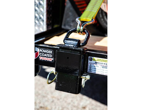 Black powder-coated Stake Pocket D-Ring – 1/2 Inch Forged Steel D Ring with 2-1/2 Inch I.D. installed on trailer for cargo control.