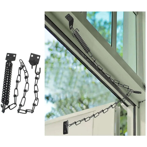 Heavy Duty Storm Door Closer With Screen Door Chain Protector built to last, shown installed on outdoor door frame, rust resistant black finish.