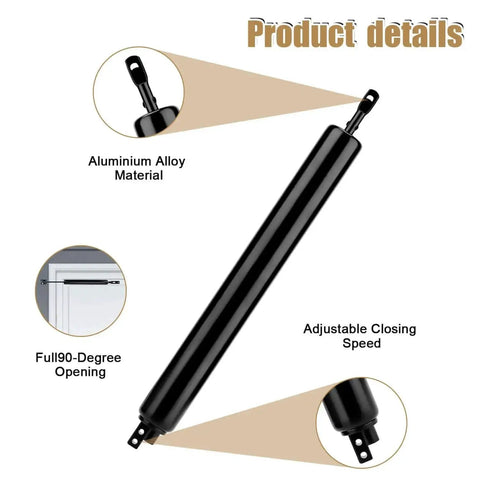 Close-up of black heavy duty storm door closer with adjustable speed and full 90-degree opening, made from aluminum alloy for windy weather.