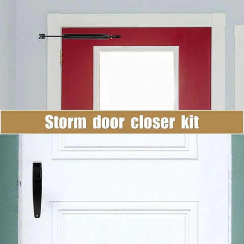 Heavy Duty Storm Door Closer And Screen Door Handle Kit In Black for Windy Weather, shown installed on a white door.