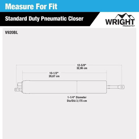 Diagram of Standard Duty Pneumatic Screen and Storm Door Closer, Black with dimensions and measurement notes.