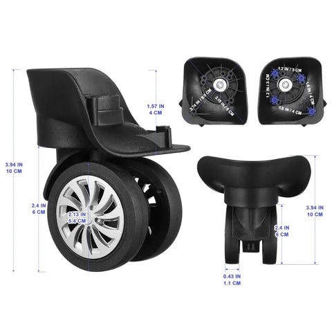 4 Pcs Black Luggage Wheels Replacement Plastic Universal Wheel Accessories For Suitcase Left And Right Swivel Caster With 4 Holes And 360 Degree Rotation Dimensions 4.01 By 3.58 By 3.58 Inches shown in different angles with measurements.