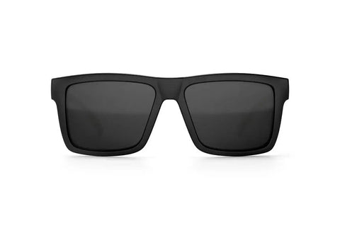 Front view of black sunglasses with silver arm emblems, featuring ANSI Z87 UV400 protection lenses for outdoor durability.