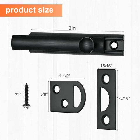 Product size diagram of 3-inch black finish Solid Brass Surface Bolt with two strikes and screw for secure doors and windows.