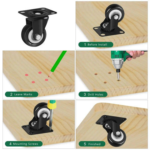 Installation guide for Swivel Plate Caster Wheels Replacement 2 Inch Set Of 4 Heavy Duty Industrial Casters on wood surface.