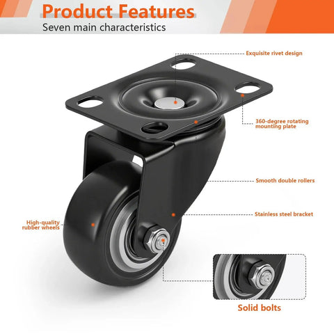 Two Inch Swivel Caster Wheels Set Of Four Heavy Duty Black Polyurethane Casters With Top Plate 360 Degree Rotation For Furniture
