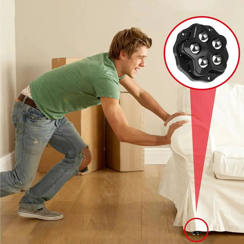 Man pushing sofa on Self Adhesive Caster Wheels For Carpet And Large Appliances, Swivel Steel Universal Appliance Sliders, 8 Pack Low Profile Black Casters With High Load Capacity Per Wheel For Moving Furniture And Kitchen Equipment
