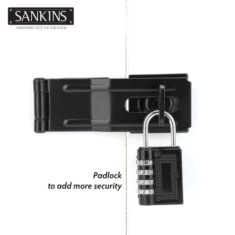 Four And A Half Inch Swivel Staple Safety Hasps With Twist Knob Locking for fence gate and cabinet, black finish, padlock shown.
