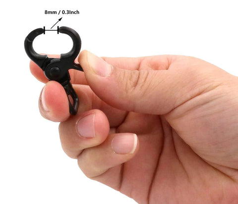 Five Eighth Inch Swivel Trigger Snap Hook Lobster Claw Clasp Spring Loaded Clip held in hand showing 8mm opening
