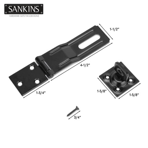 Four And A Half Inch Swivel Staple Safety Hasps With Twist Knob Locking For Fence Gate And Cabinet, measured with screw included.