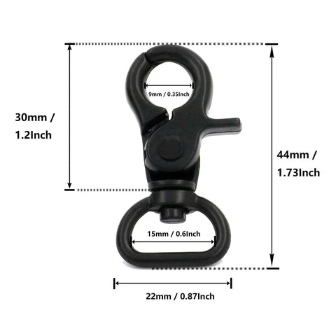 Five Eighth Inch Swivel Trigger Snap Hook Lobster Claw Clasp Spring Loaded Clip With D Ring Ended Black, 44mm, front view with measurements.