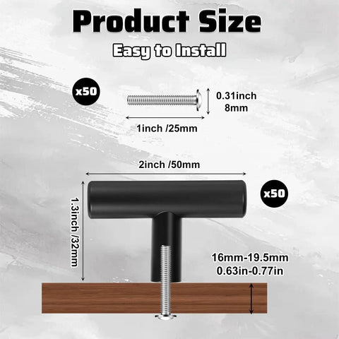 Bulk 50 Pack 2 Inch Black Matte T Bar Cabinet Knobs with 1 Inch Screws Included dimensional illustration