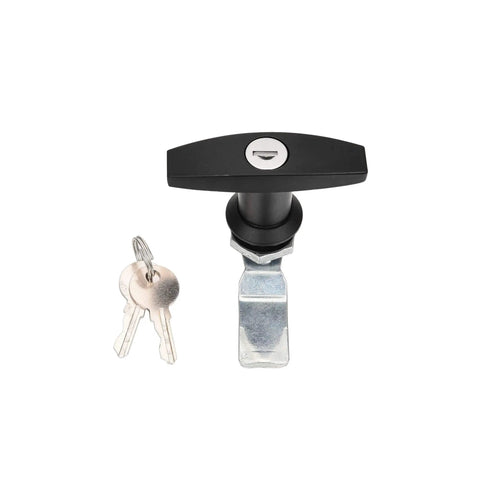 Durable zinc alloy T-handle door lock set with black corrosion-resistant finish, shown with keys, ideal for RVs and trailers
