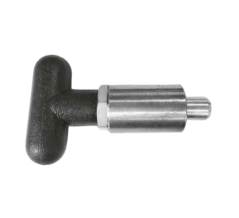 Side view of T knob Spring Loaded Pop Pin Spring Loaded Zinc Plated Steel Plunger POP Pull Pin Tire Carrier Pin with black plastic T-handle