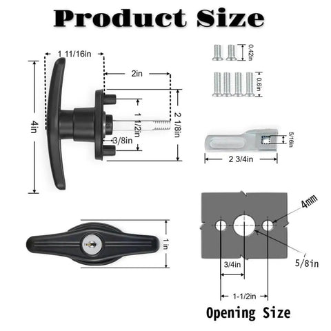 Dimensions of keyed T-handle locks for camper shells with hardware, zinc alloy construction, left and right installation compatible.
