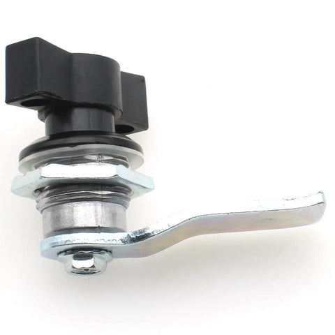 Side view of lock and secure cabinets, machines, and electrical boxes with a durable two piece cam lock set featuring a zinc alloy body