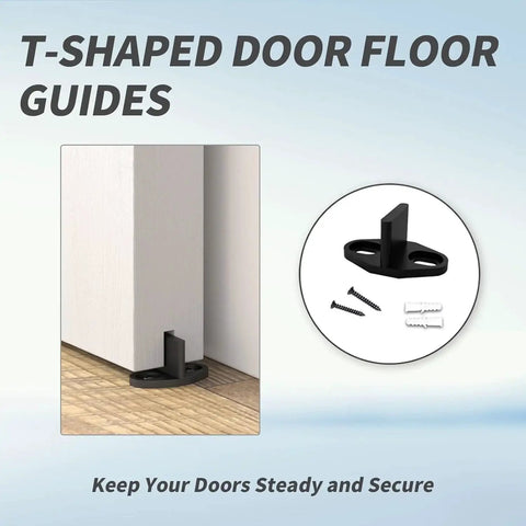 8 Pack Black Floor Guide For Sliding Barn Door Hardware, T Shape Floor Mounted Guides, shown with installation screws