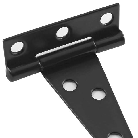 Close-up of a black 2-inch T-strap hinge from Six Pack 2 Inch Black T Strap Shed Hinge Beefy Heavy Duty Barn Door Hinges