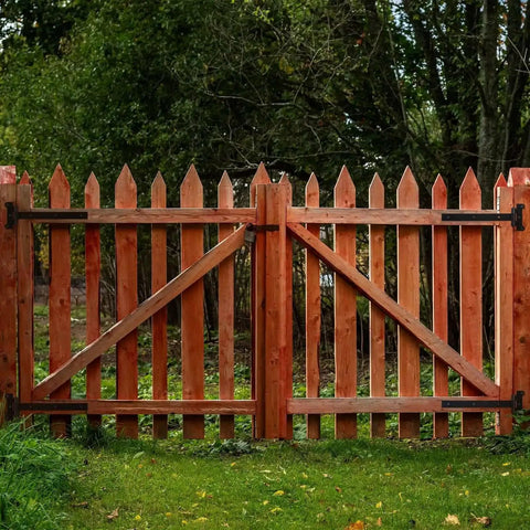 Wooden gate with 12-Inch Black Powder Coated T-Strap Gate Hinges Built Tough For Heavy Duty Doors Sheds And Barn Gates