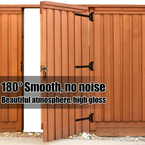 Wooden gate with 12-Inch Black Powder Coated T-Strap Gate Hinges, displaying smooth 180-degree swing, rust-resistant for heavy-duty mounting