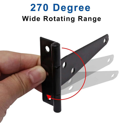 Hand holding Six Pack 4 Inch T Strap Hinges Black Outdoor Gate Hinges, showing 270-degree wide rotating range.