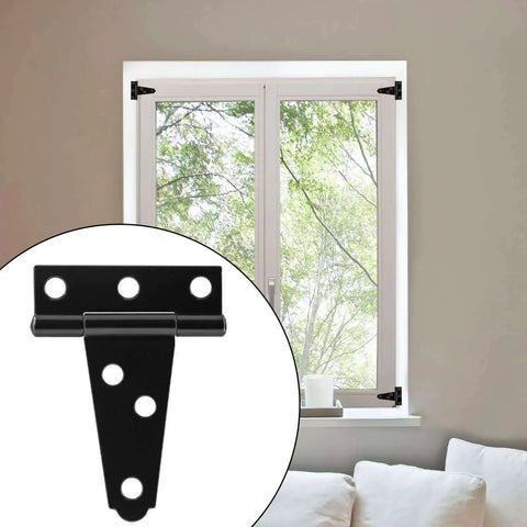 Six Pack 2 Inch Black T Strap Shed Hinge Beefy Heavy Duty Barn Door Hinges on white window with tree view