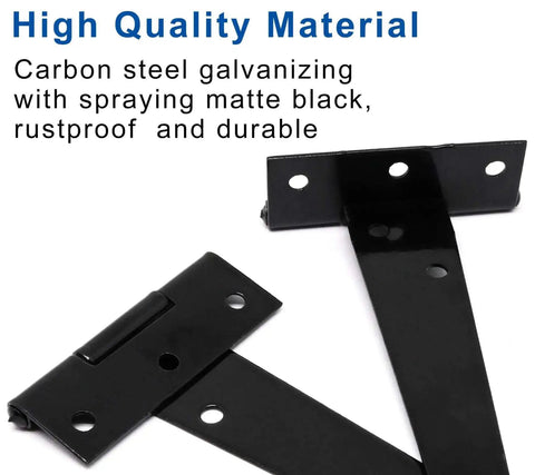Six Pack 4 Inch T Strap Hinges Black Outdoor Gate Hinges For Wooden Fences made of rugged carbon steel with matte black finish