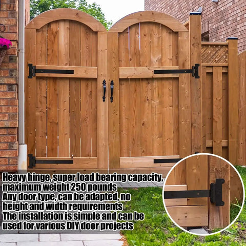 12-Inch Black Powder Coated T-Strap Gate Hinges on Wooden Gate, Built Tough For Heavy Duty Doors Sheds And Barn Gates With 24 Mounting Screws