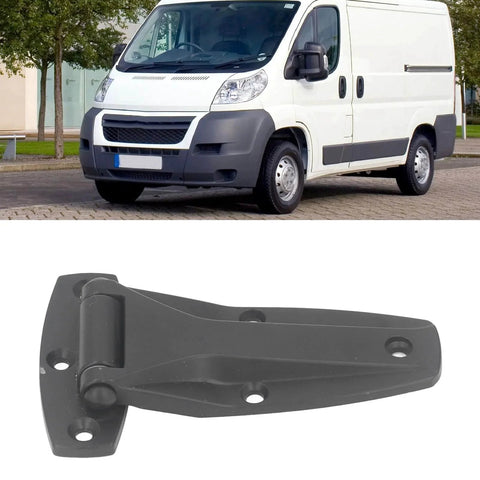 Soft Close Tee Hinge, T Strap Hinge, Zinc Alloy, Black, for Toolbox and Car Door Repair, displayed with a white van background