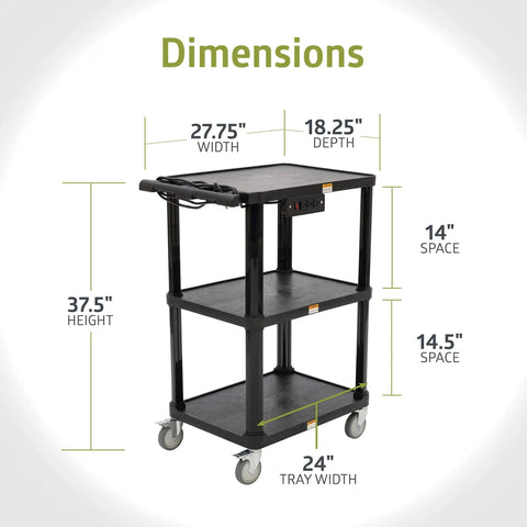 Mobile Utility Cart With Three Shelves And Three Outlets And Eight Foot Cord For Office And Warehouse Use Heavy Duty Workhorse Service Cart With Four Swivel Wheels And Push Handle Black Finish By Pearington with dimensions shown