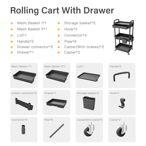 3 Tier Rolling Utility Cart With Drawer On Wheels For Kitchen Bathroom Living Room And Office Must Have Space Saving Multi Functional Storage Organizer Black By REBECAT with parts listed