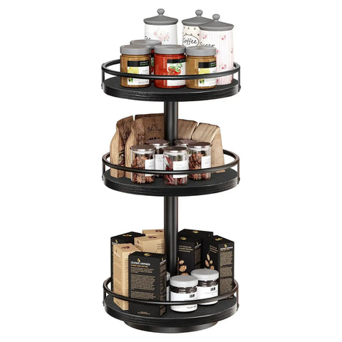 Three-tier Rotating Spice Rack Lazy Susan with 360 Degree Turntable, large capacity organizer for kitchen countertop, black design.