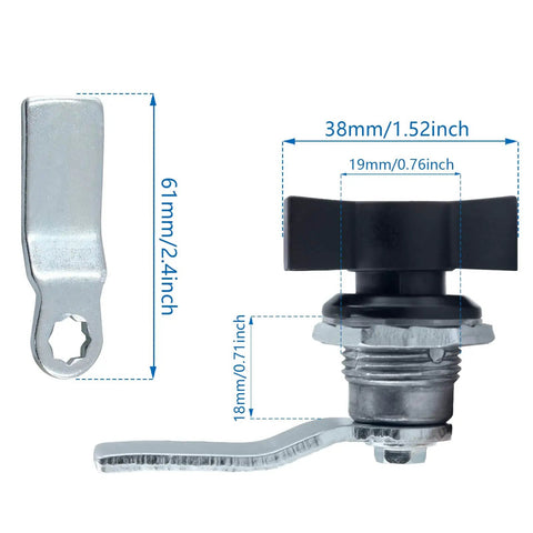Two thumb operated offset cam locks with black handles provide quick keyless security for cabinets and more, shown with measurements.