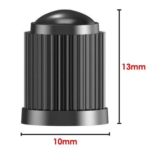 Side view of a black tire valve cap with ribbed top and dimensions, part of 30 Pack Universal Tire Valve Caps With O Ring For Cars SUVs Trucks Motorcycles Bicycles And More Airtight Seal Heavy Duty Black Easy To Install With Ribbed Striped Top For Firm Grip And Long Lasting Dust Protection.